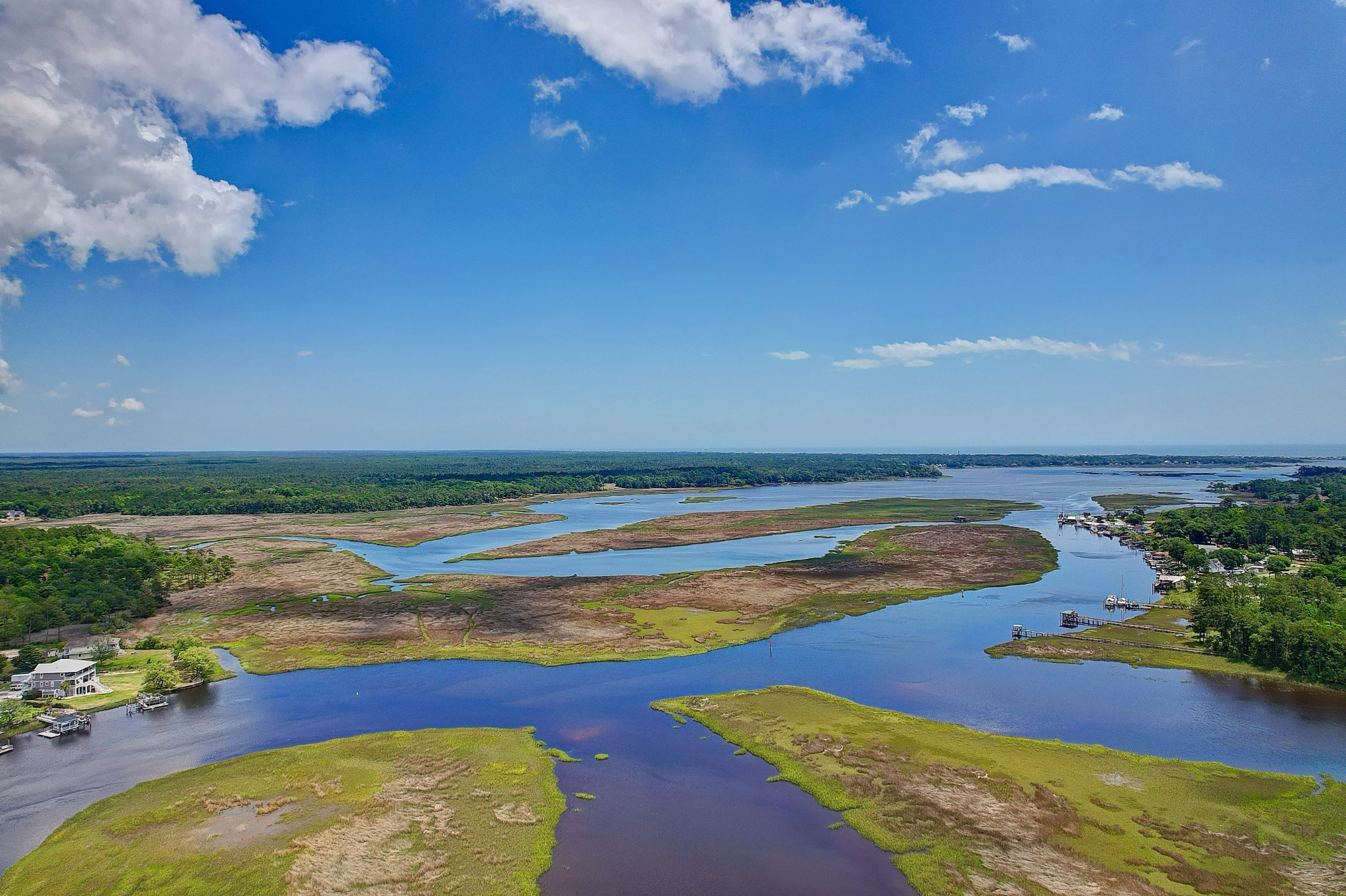 Aerial view of the marshes and waterways beside Riverside
